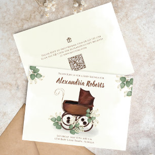 Convite Chuva de Bebê Carrinho Vintage com Folhagens