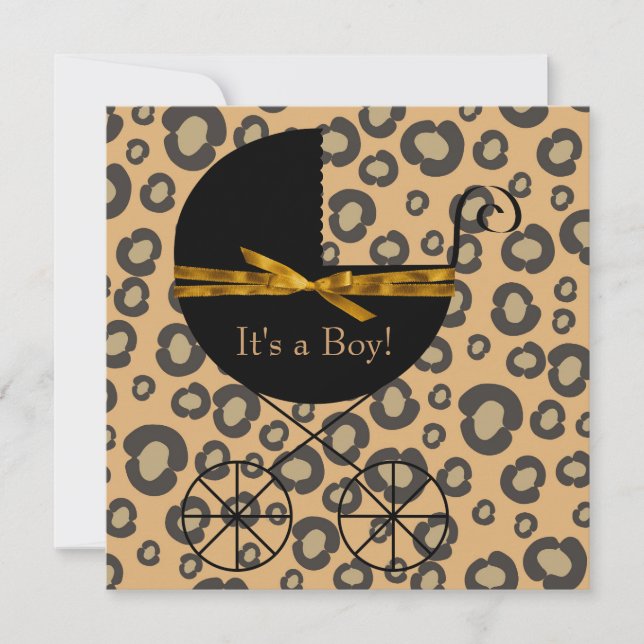 Convite Chuva de Bebê Carruagem Leopardo Marrom Dourado (Frente)