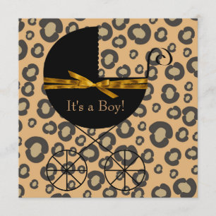 Convite Chuva de Bebê Carruagem Leopardo Marrom Dourado