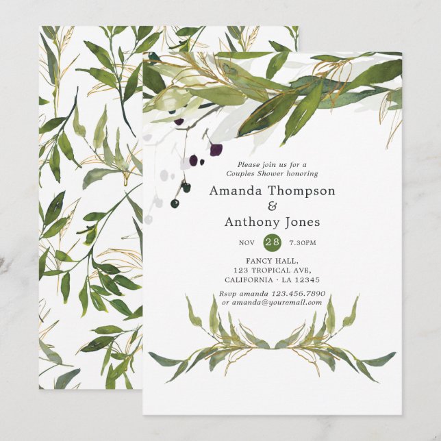 Convite Chuva de Bebê Casais Folhagens Aquarela (Frente/Verso)