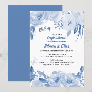 Convite Chuva de Bebê Casal Azul Empoeirado Floral Aquarel