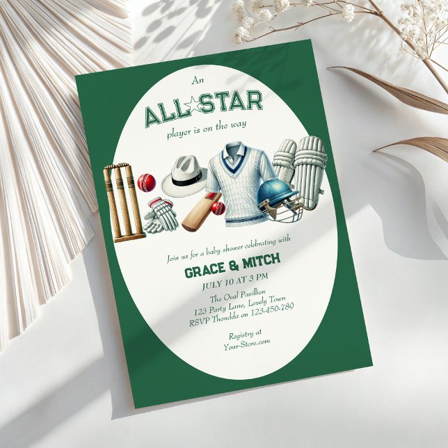 Convite Chuva de Bebê Casal de Estrelas do Críquete (All Star Cricket Player Baby Shower invitation)