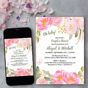 Convite Chuva de Bebê Casal Floral Dourado Aquarela Rosa