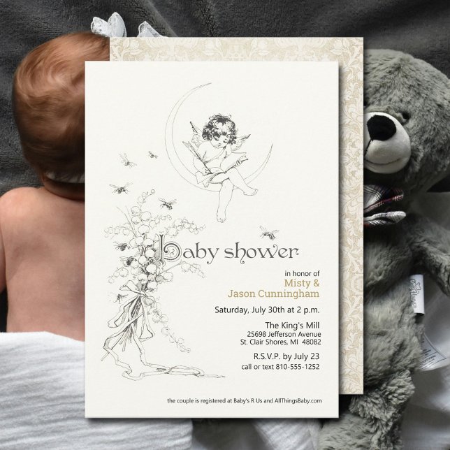 Convite Chuva de Bebê Casal Floral Vitoriano Antigo (This clean design is sure to please!  Vintage line drawing adapted for your shower invitations.)