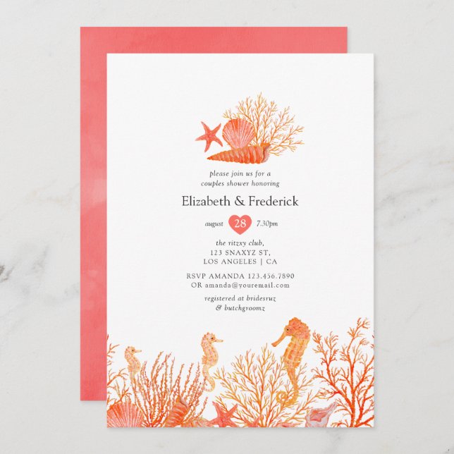 Convite Chuva de Bebê Casal Praia Coral em Aquarela (Frente/Verso)