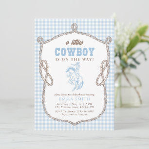 Convite Chuva de Bebê Caubói em Xadrez Azul Vintage Préppy