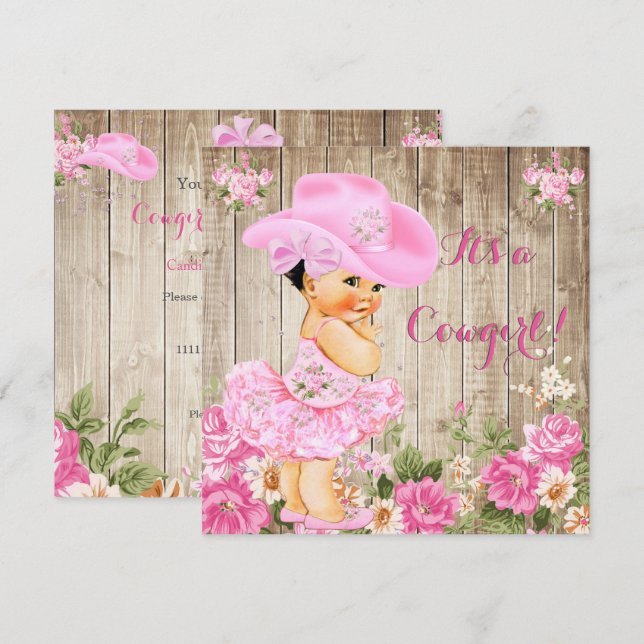 Convite Chuva de Bebê Caubói Rosa Madeira Rústica Menina M (Frente/Verso)