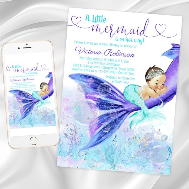 Convite Chuva de Bebê Cauda de Sereia Morena Sereia (Pretty mermaid baby shower invitation. Instant download and printed invitations available.)