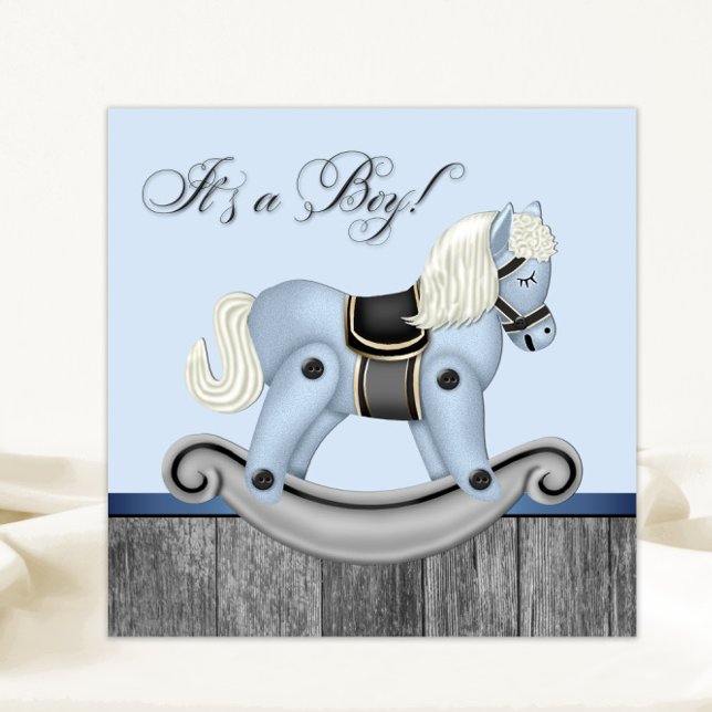 Convite Chuva de Bebê Cavalo de Balanço Preto e Azul (Sweet rocking horse baby shower invitation. Simply add your event details.)