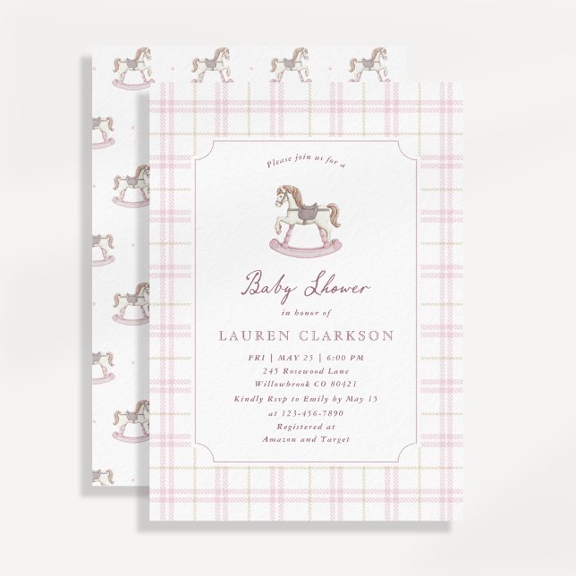 Convite Chuva de Bebê Cavalo de Balanço Rosa Chique (Criador carregado)