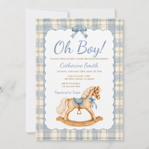 Convite Chuva de Bebê Cavalo de Balanço Xadrez Azul Oh Men