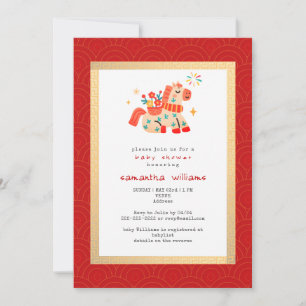 Convite Chuva de Bebê Cavalo Dourado Vermelho do Ano do Ca