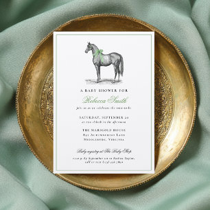 Convite Chuva de Bebê Cavalo Equino Verde Elegante Vintage