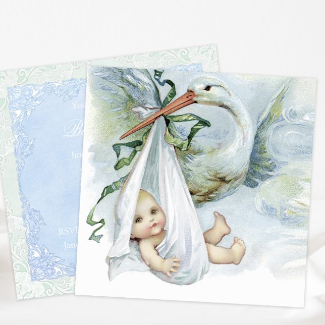 Convite Chuva de Bebê Cegonha Azul e Verde (Beautiful vintage stork baby shower invitation. Simply add your details to the front and back.)