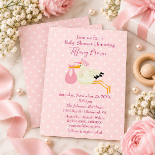 Convite Chuva de Bebê Cegonha com Bolinhas Rosa e Branco