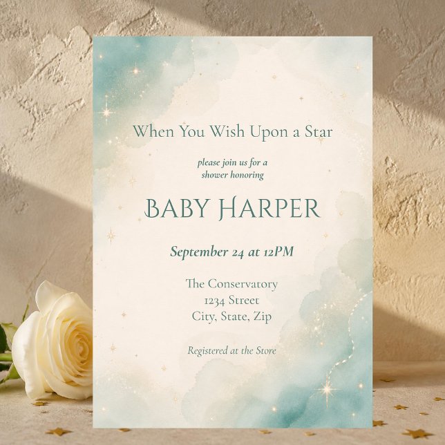 Convite Chuva de Bebê Celestial em Aquarela Verde Salvia (Dreamy sage green watercolor baby shower invitation with delicate gold stars and neutral styling.)