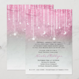 Convite Chuva de Bebê Celestial Pink Cinza Branco Lua e Es