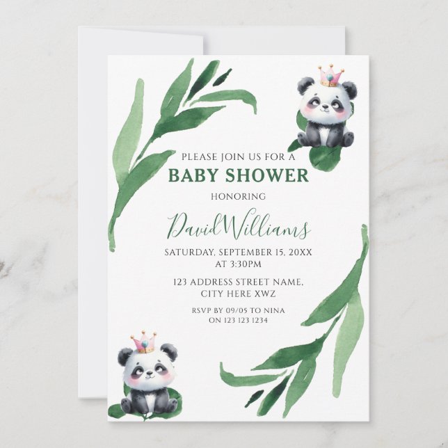 Convite Chuva de Bebê Chic Neutro em Folhagem com Panda Fo (Frente)