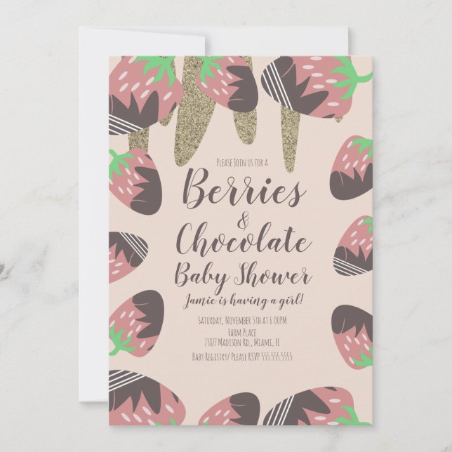 Convite Chuva de Bebê Chocolate Morango Falso Brilho (Frente)