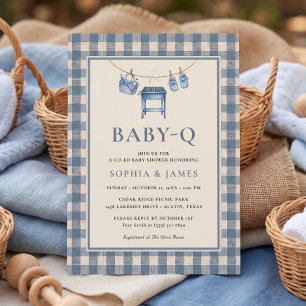 Convite Chuva de Bebê Churrasco de Gingham Azul em Varal d