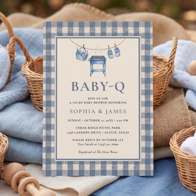 Convite Chuva de Bebê Churrasco de Gingham Azul em Varal d (Blue Gingham BBQ Grill Clothesline Baby Shower Invitation)