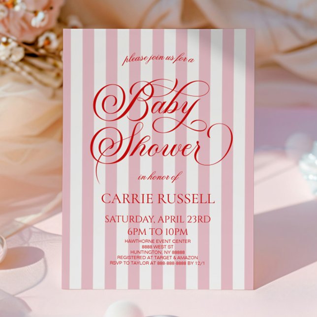 Convite Chuva de Bebê Clássica Elegante Listras Rosa Verme (Criador carregado)
