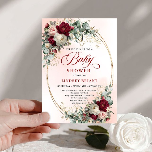Convite Chuva de Bebê Clássica Rústica Peônias Burgundy Do (Classic Rustic Burgundy Peonies Gold Baby Shower)
