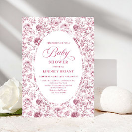 Convite Chuva de Bebê Clássico com Padrão de Rosas Rosa e 