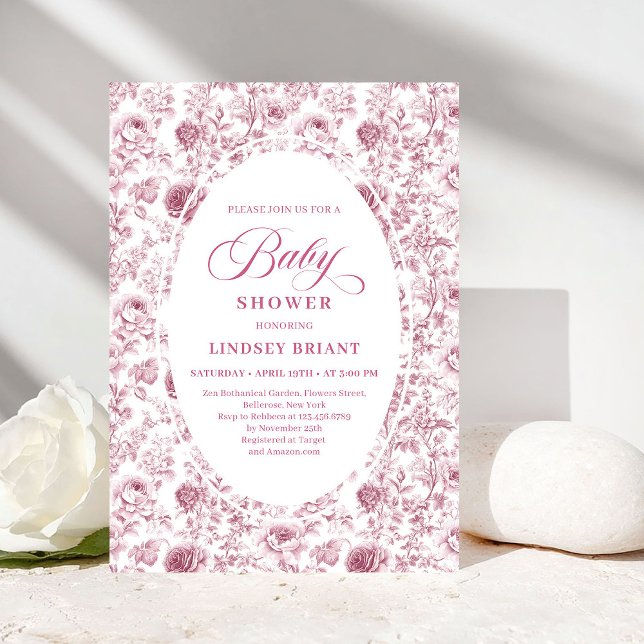 Convite Chuva de Bebê Clássico com Padrão de Rosas Rosa e  (Classic Pink and White Rose Pattern Baby Shower Invite)