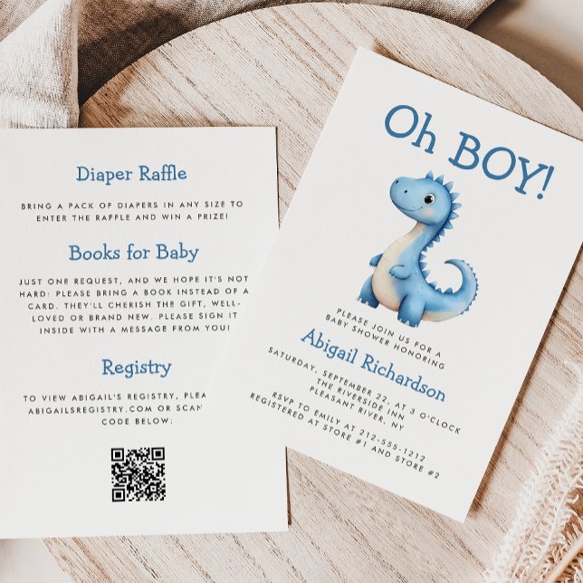 Convite Chuva de Bebê Código QR Dinossauro Azul Fofo Menin (Criador carregado)
