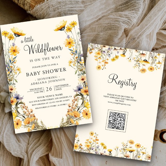 Convite Chuva de Bebê Código QR Flor de Amarelo Boho Selva (Criador carregado)
