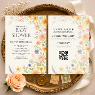 Convite Chuva de Bebê Código QR Floral de Flores Silvestre
