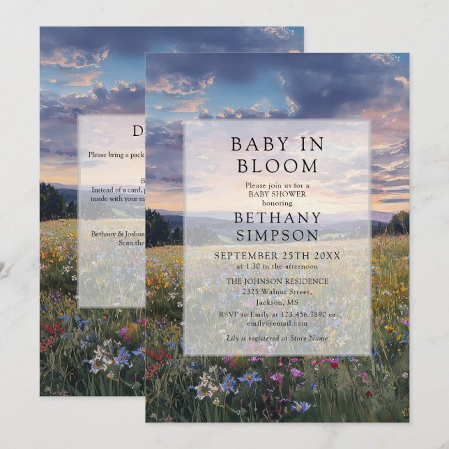 Convite Chuva de Bebê Código QR Floral Meadow Baby Shower (Frente/Verso)