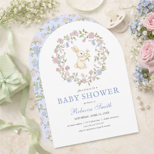 Convite Chuva de Bebê Coelhinho Floral Vintage Azul Delica