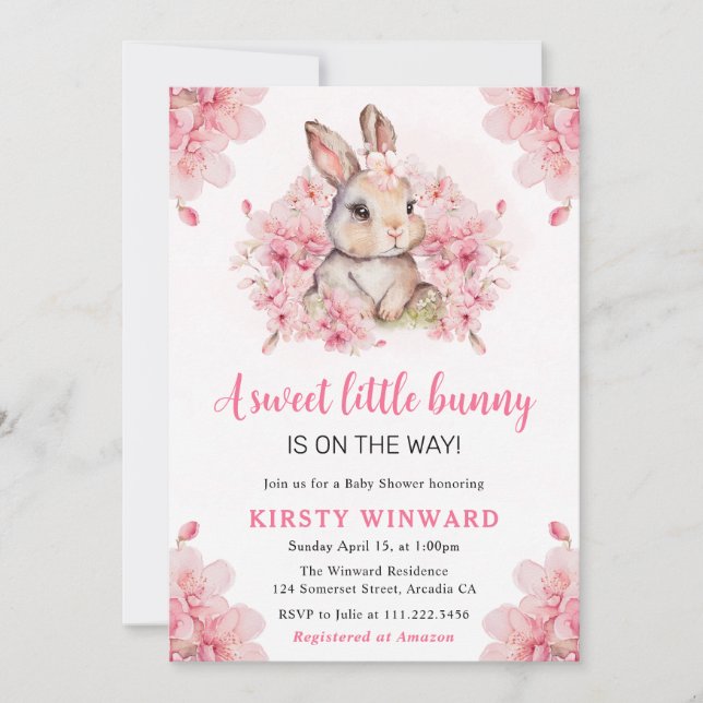 Convite Chuva de Bebê Coelho com Flores de Cerejeira em Aq (Frente)