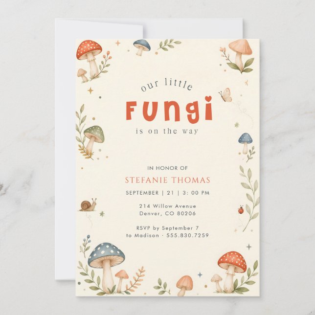 Convite Chuva de Bebê Cogumelo Fungi Caprichoso (Frente)