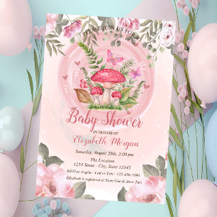 Convite Chuva de Bebê Cogumelos Borboletas Floral