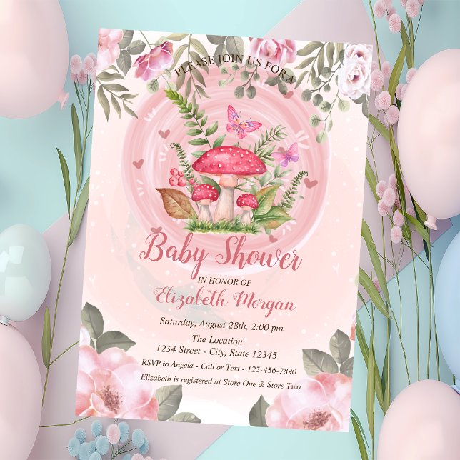 Convite Chuva de Bebê Cogumelos Borboletas Floral (Criador carregado)