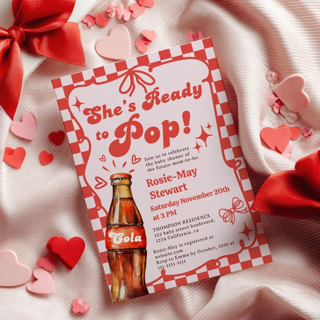 Convite Chuva de Bebê Cola Vermelho Xadrez Retro Pronto pa (Retro Red Checker Ready to Pop Cola Baby Shower Invitation)
