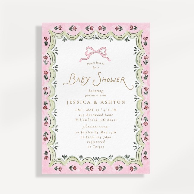 Convite Chuva de Bebê com Arco Rosa e Moldura Floral  (Criador carregado)