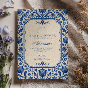 Convite Chuva de Bebê com Arte Popular Elegante de Delft