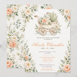 Convite Chuva de Bebê com Carrinho de Bebê Floral