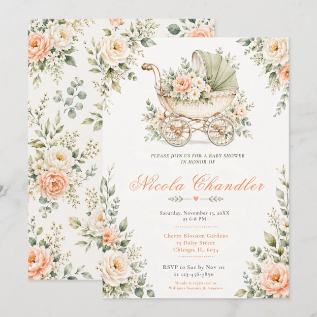 Convite Chuva de Bebê com Carrinho de Bebê Floral (Frente/Verso)