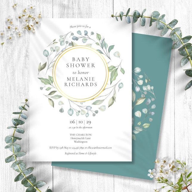 Convite Chuva de Bebê com Elegante Grinalda Verde (Elegant Garland Greenery Baby Shower Invitation)