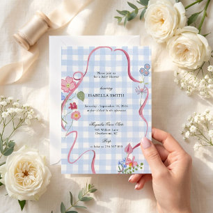 Convite Chuva de Bebê com Fita Floral em Xadrez Azul