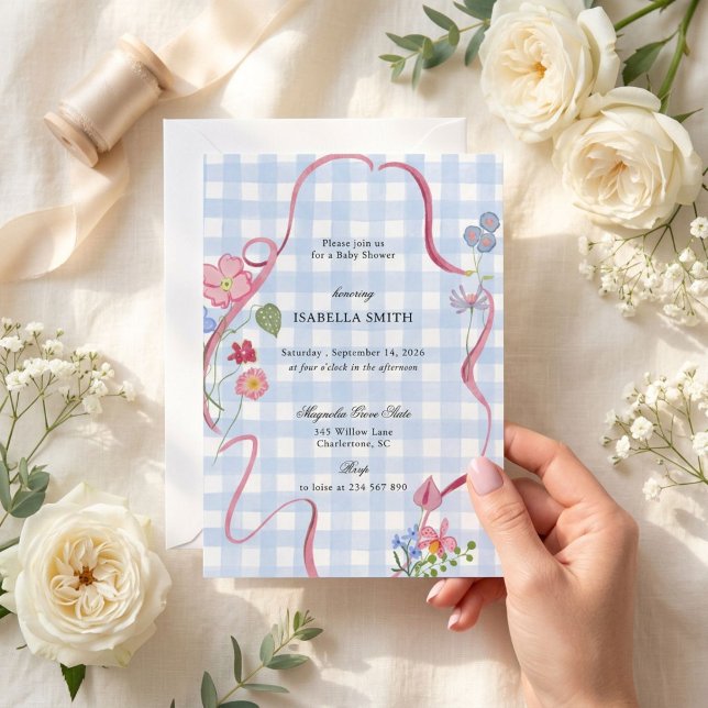 Convite Chuva de Bebê com Fita Floral em Xadrez Azul (Criador carregado)