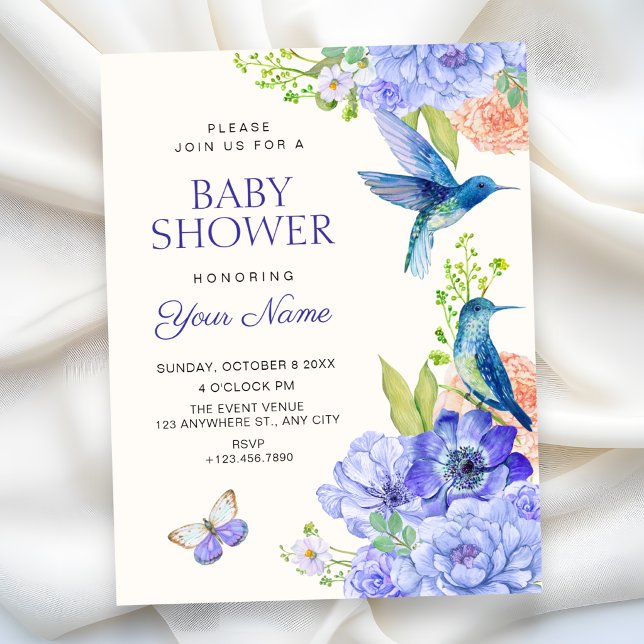 Convite Chuva de bebê com flores elegantes e pássaros esté (Criador carregado)