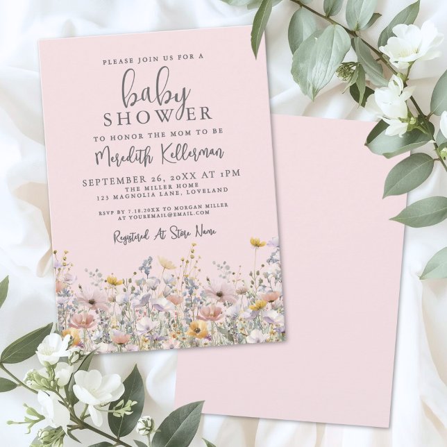 Convite Chuva de Bebê com Flores Silvestres Rosa Corado (Blush Pink Wildflower Baby Shower Invitation)