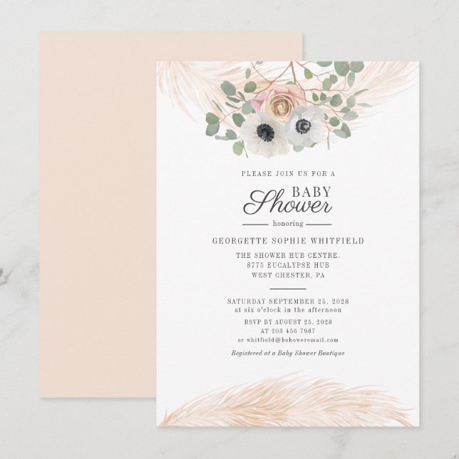 Convite Chuva de Bebê com Grama Pampas Floral e Eucalipto  (Frente/Verso)