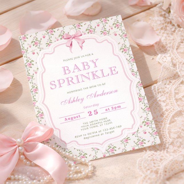 Convite Chuva de Bebê com Laço Rosa Floral (Criador carregado)